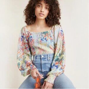 Anthropologie Floral Smocked Blouse Size L